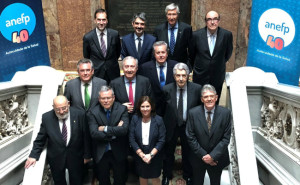 FOTO: José Antonio Pérez España, Rafael García Gutiérrez, Luis Ruiz, Juan López-Belmonte, Fernando Rodríguez Arce, Albert Esteve, Javier Peris, Claudio Lepori, José Vicente Santa Cruz y Jordi Ramentol; el director general de anefp, Jaume Pey, y Carmen Isbert, subdirectora de anefp