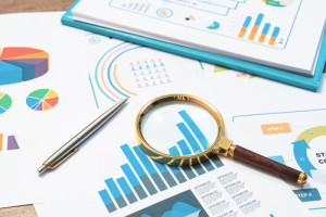 Checking financial reports. Graphs and charts. Documents and mag